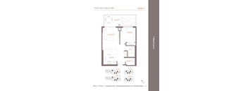 A floor plan for a 1 Bedroom apartment in the interior of the 665SF | Balcony 198SF building.