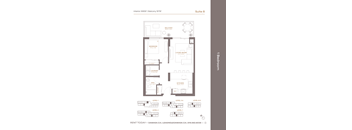 A floor plan for a 1 bedroom apartment in a suite.