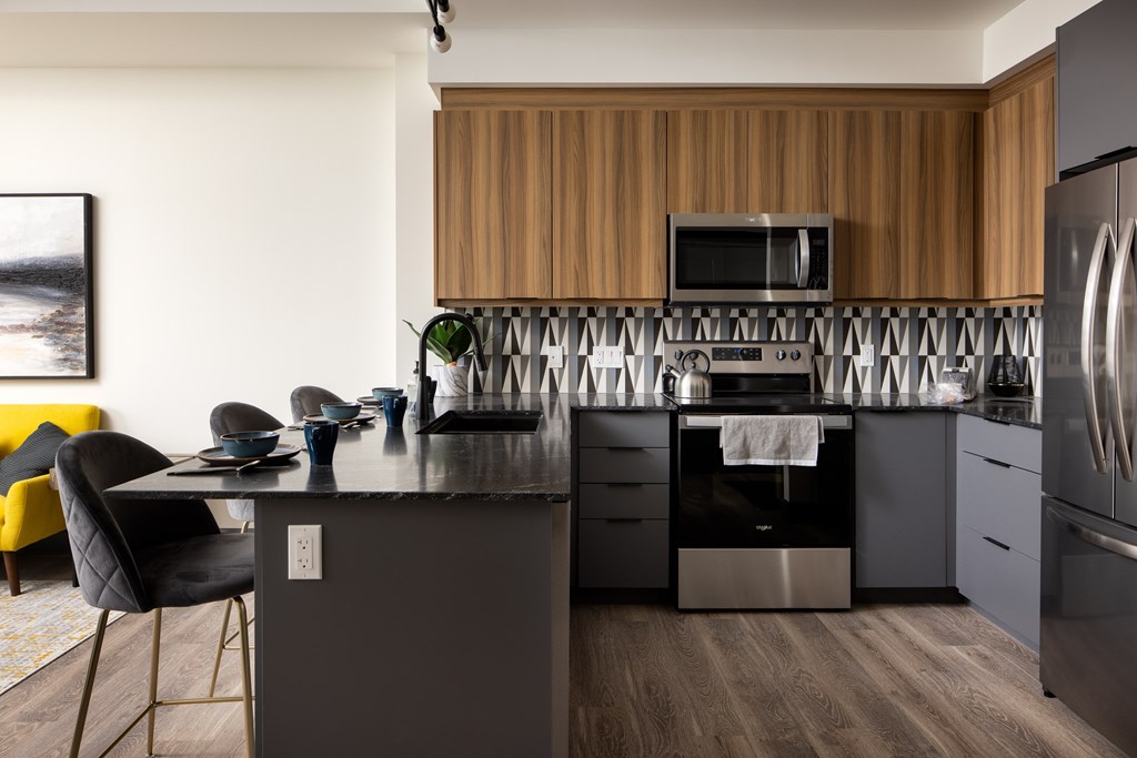 A modern kitchen with a wooden backsplash and stainless steel appliances.at Damask, Windsor, ON N8S 0B7