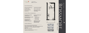 A page from a brochure for a property in Rossmore, highlighting the suite features, living well-connected, and added benefits.