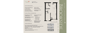 A Brookside apartment floor plan with a list of suite highlights and added benefits.