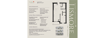 A page from a brochure for a property called Lismore Gardens, which is a suite with high-end appliances, a gym, and a fitness centre.