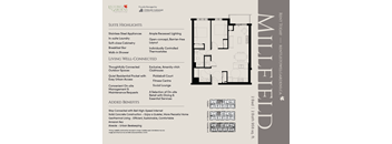 A floor plan for a suite at Millefield, showing a living room, two bedrooms, a bathroom, and a kitchen.
