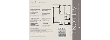 A flyer for a suite highlighting the amenities and a floor plan.