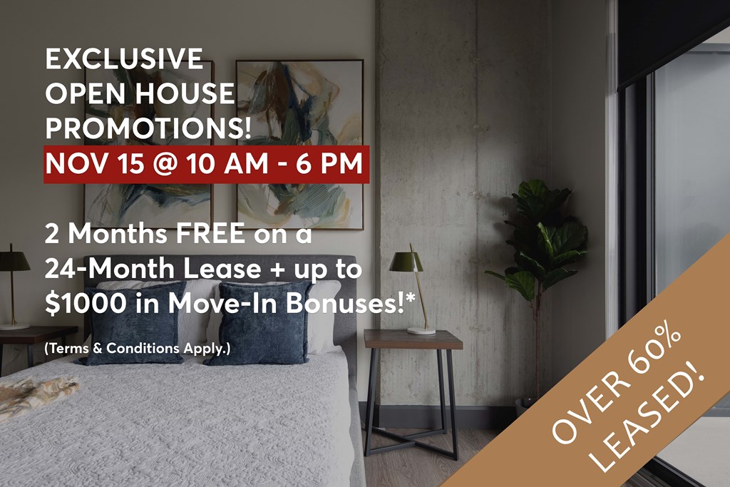 A promotional image for an exclusive open house event offering a free 2-month lease and up to $1000 in move-in bonuses.