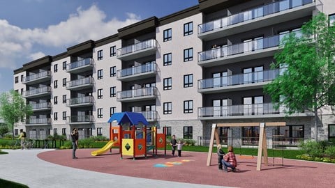 A playground with a slide and a swing set in front of apartment buildings.