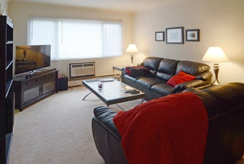 A black leather couch with a red pillow is in the foreground of a living room.