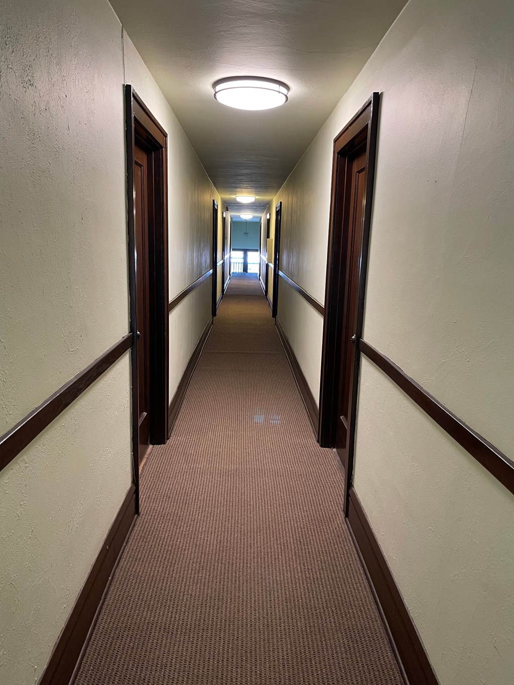 A long hallway with brown carpeting and white walls.