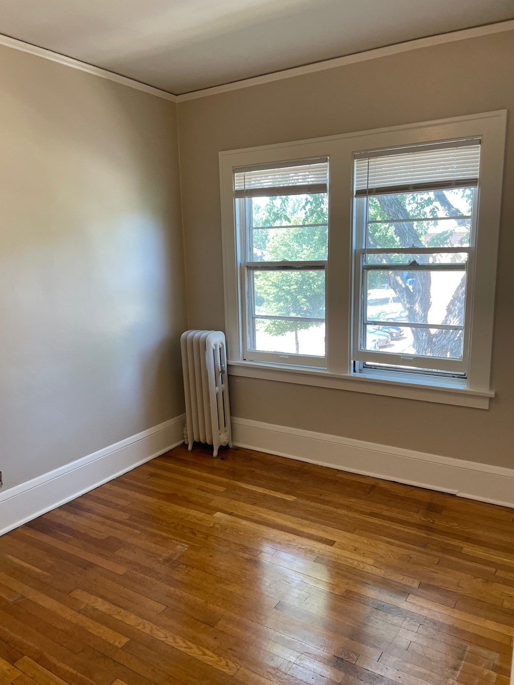 A room with a window and a radiator on the wall.