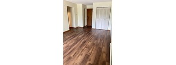 A room with wooden flooring and a white door.