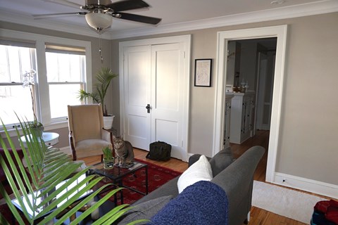 A living room with a grey couch and a fan.