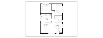 A floor plan of a house with a living room, dining room, kitchen, two bedrooms and a bathroom.
