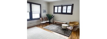 A living room with a rug, a chair, a table, and a plant.