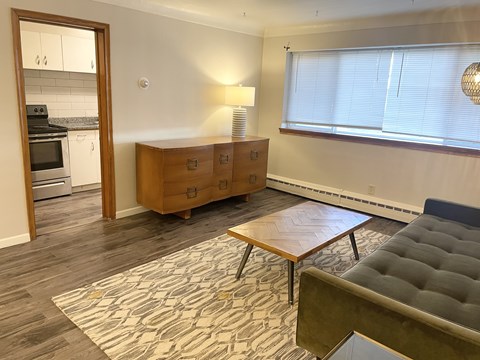 A living room with a grey couch and a wooden coffee table.