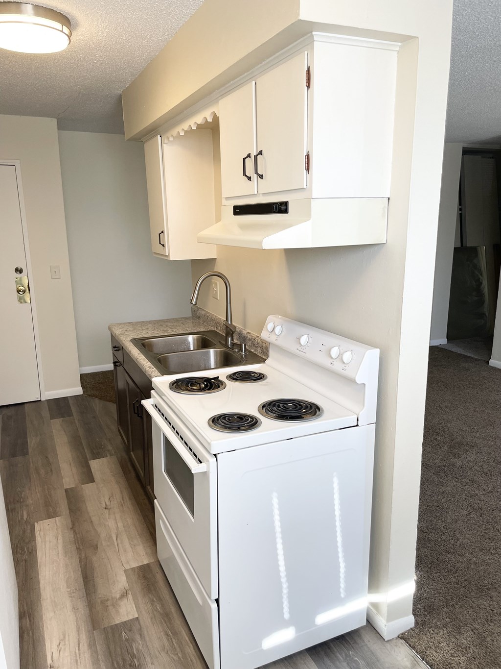 A white stove and sink in a kitchen with wood flooring.