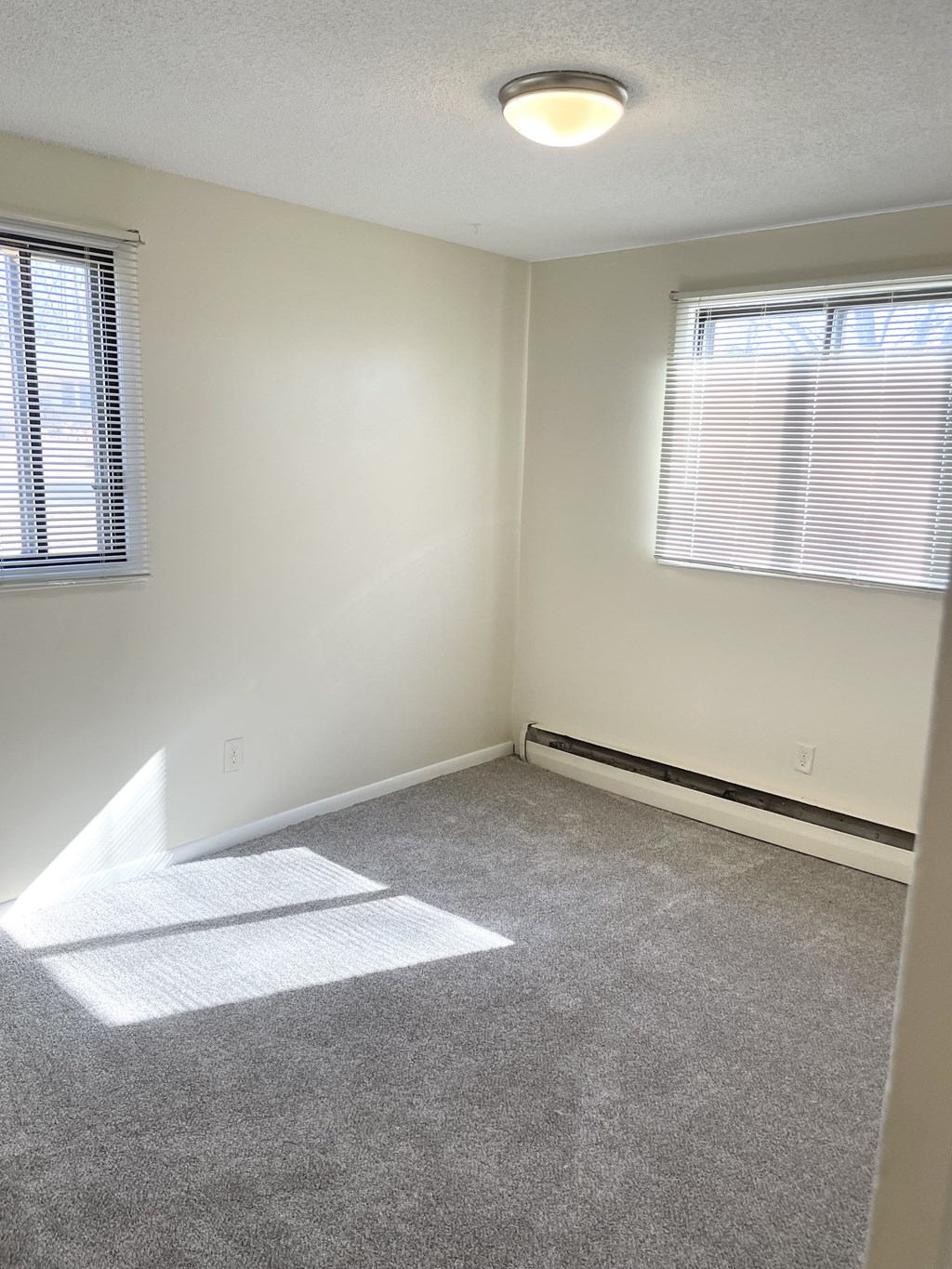 A room with a carpeted floor, a window with blinds, and a light on the ceiling.
