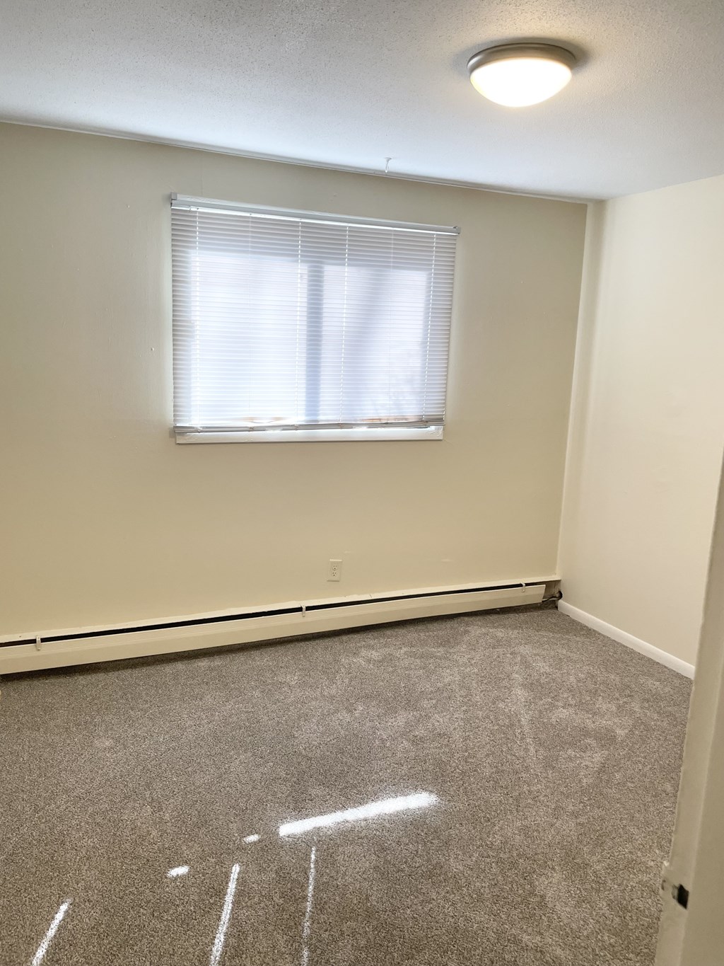 A room with a window and a carpet on the floor.