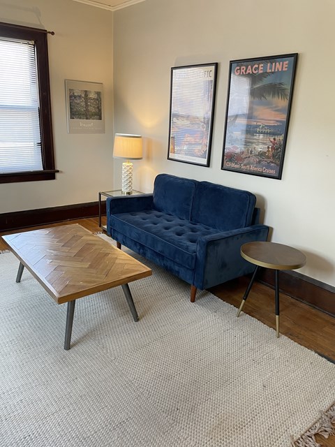 West-facing living room brings in afternoon sunlight.
