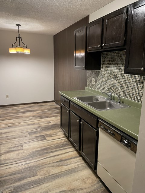 A kitchen with a sink, dishwasher, and oven.