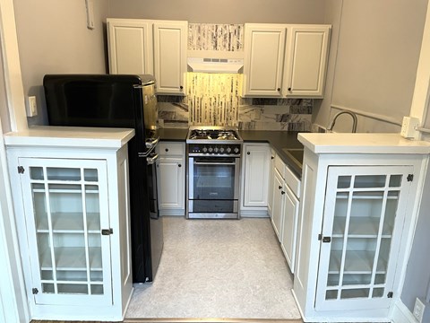 A black fridge and stove in a white kitchen.