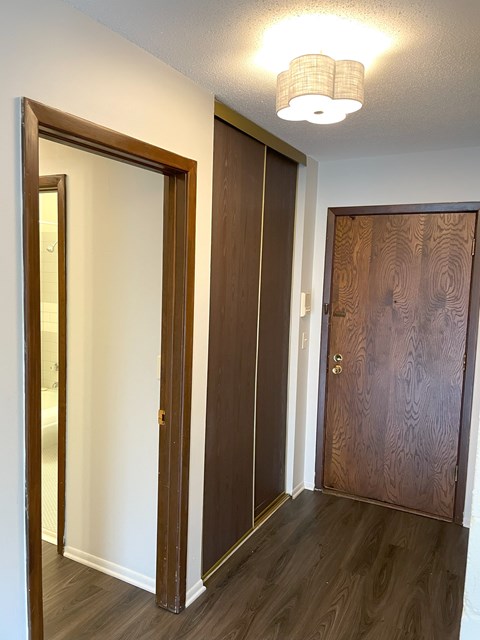A hallway with a brown door and a mirror on the wall.