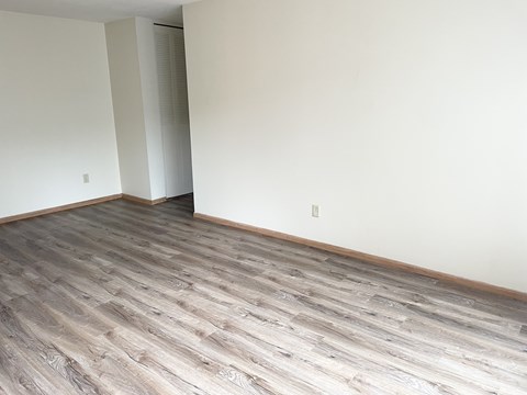 A room with a wooden floor and a white wall.