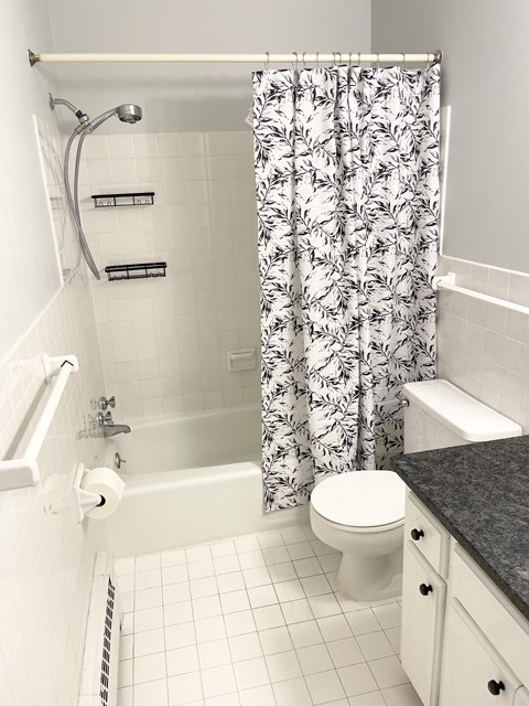 A white bathroom with a shower curtain and a toilet.
