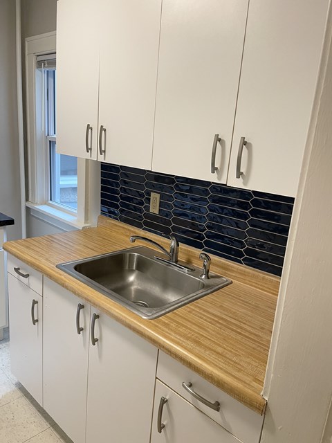 A kitchen with a sink and cabinets.