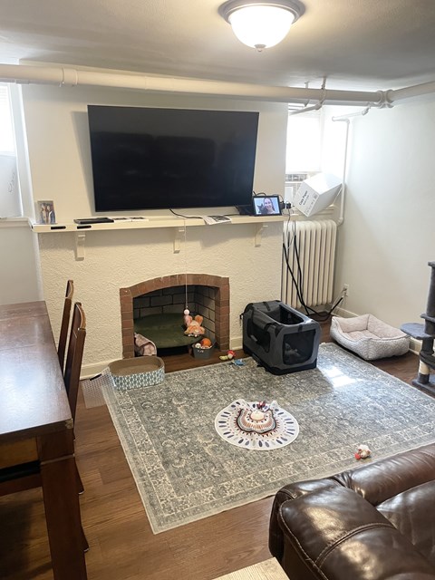 A living room with a fireplace and a television mounted above it.