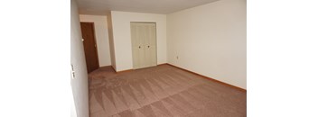 A room with a brown carpet and a white door.