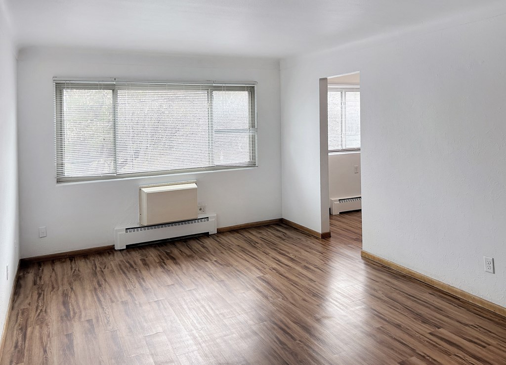 A room with a window and a radiator on the floor.