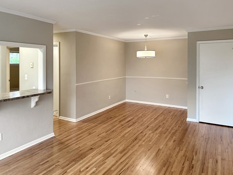 A room with wooden flooring and a white door.