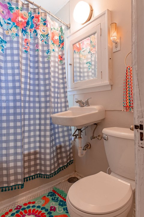 A bathroom with a toilet, sink, and shower curtain.