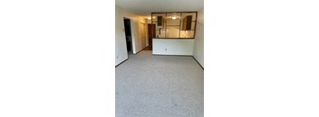 A room with a carpeted floor and a white wall.
