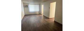 A room with wooden flooring and a window with blinds.