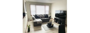 A living room with a grey couch and a black coffee table.