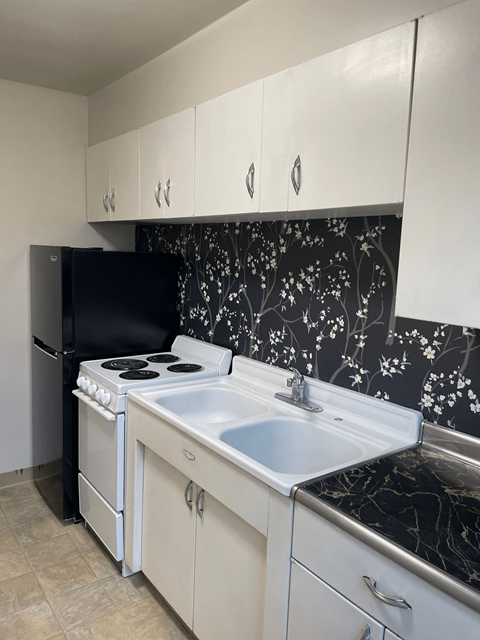 A kitchen with a black refrigerator and a white sink.