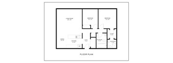 A black and white floor plan of a house with a living room, two bedrooms, a dining room, a kitchen, two bathrooms, and a laundry room.