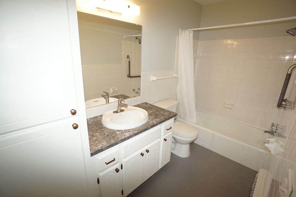 A bathroom with a sink, toilet, and bathtub.