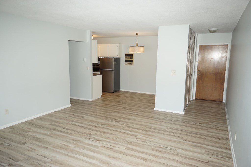 A room with a refrigerator and a wooden door.