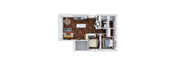A 3D floor plan of a small apartment with a kitchen, living room, and bathroom.