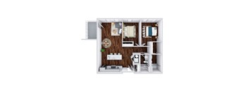 A top-down view of a small apartment with a kitchen, living room, and bedroom.