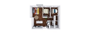 A 3D floor plan of a small apartment with a kitchen, living room, and bedroom.