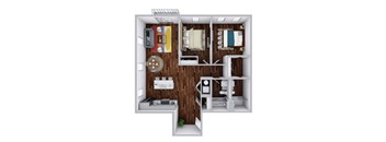 A 3D floor plan of a small apartment with a kitchen, living room, and bedroom.