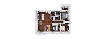 A top down view of a small apartment with a kitchen, living room, and bathroom.
