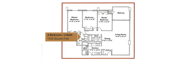 A floor plan of a 3 bedroom/2 bathroom apartment sized at 1540 square feet.