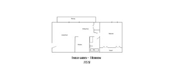 A floor plan of a one bedroom apartment in Findlay Garden.