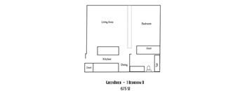 A floor plan of a 675 square foot bedroom with a living area, kitchen, and bathroom.
