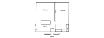 A floor plan of a one bedroom apartment with a living area, kitchen and dining space.