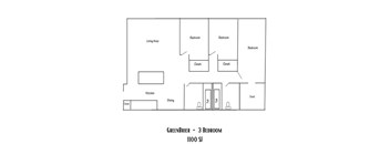 A floor plan of a 3 bedroom apartment.